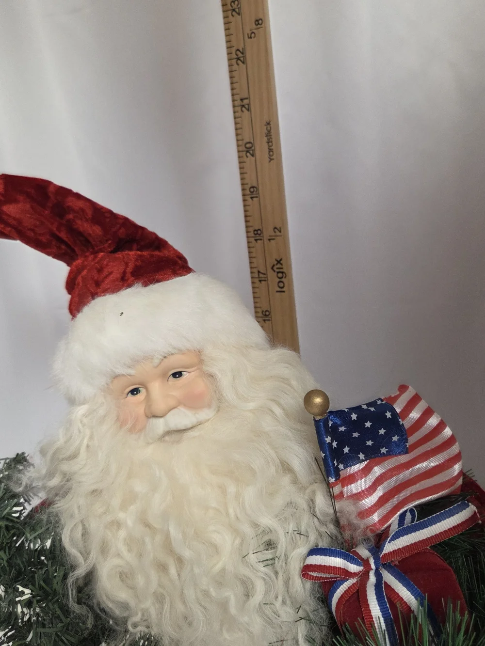Holiday Santa Figurine‎ with Red Velvet Hat and Patriotic Accents